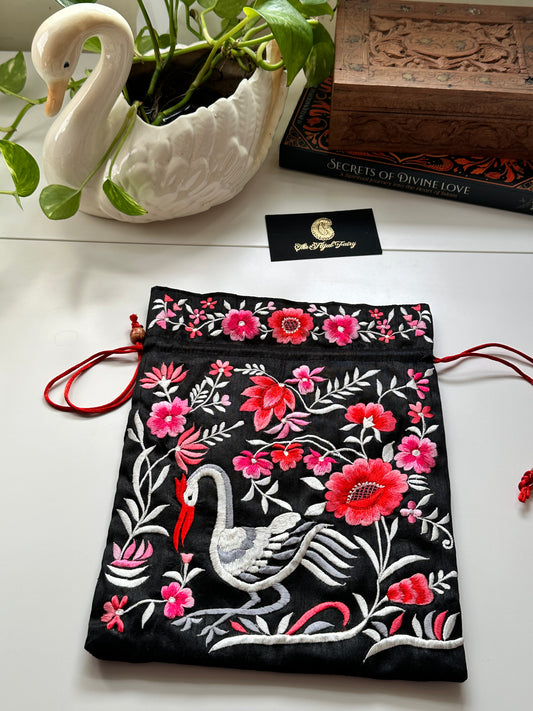 Parsi Gara Embroidered Potli Bag - Black & Pink