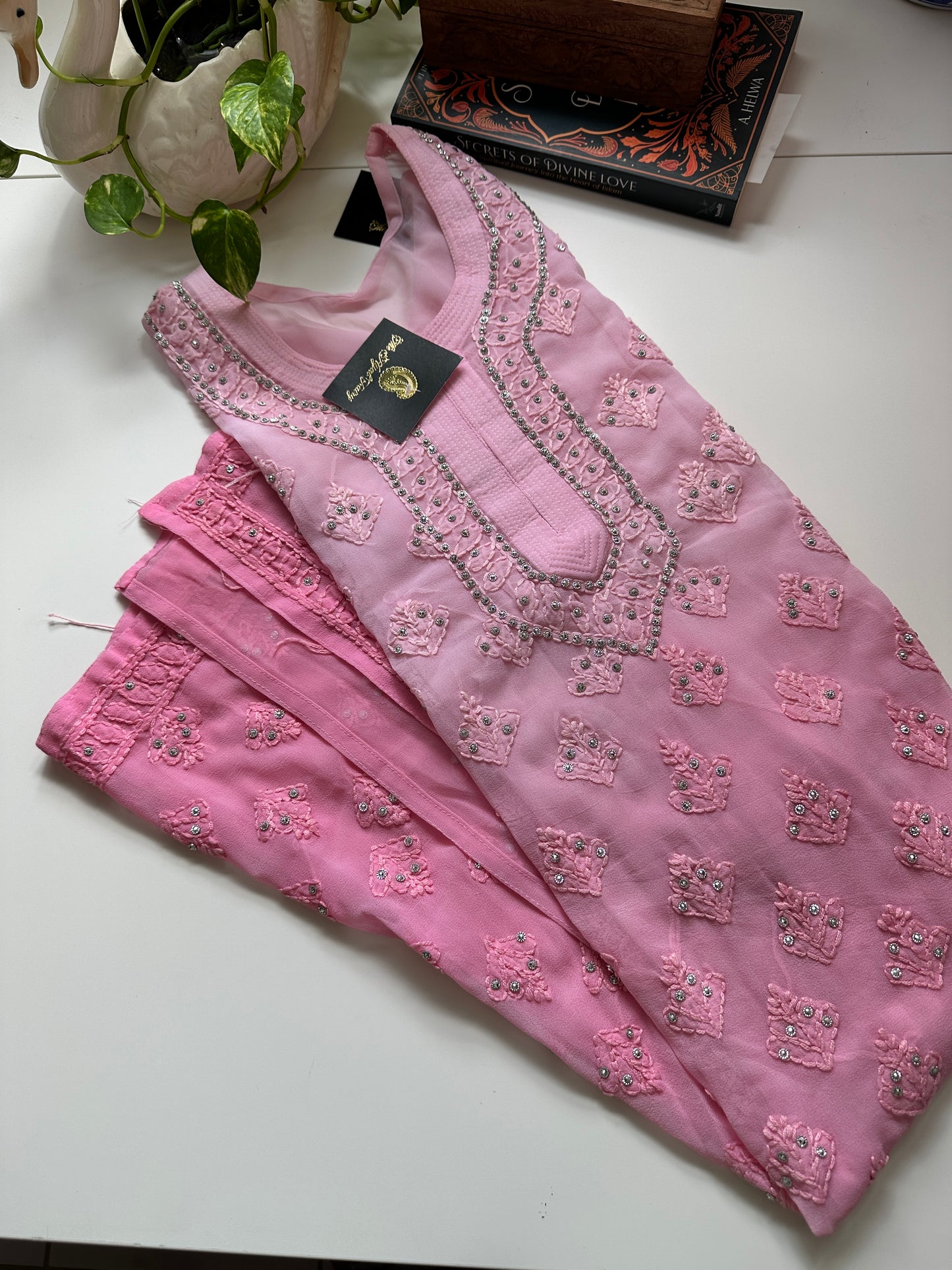 Georgette Stone Kurta- Petal Pink