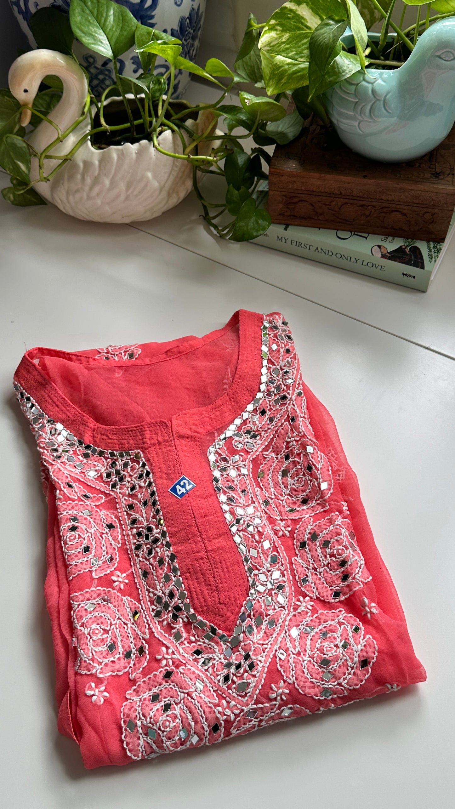 Coral Pink - Georgette Mirror Kurta