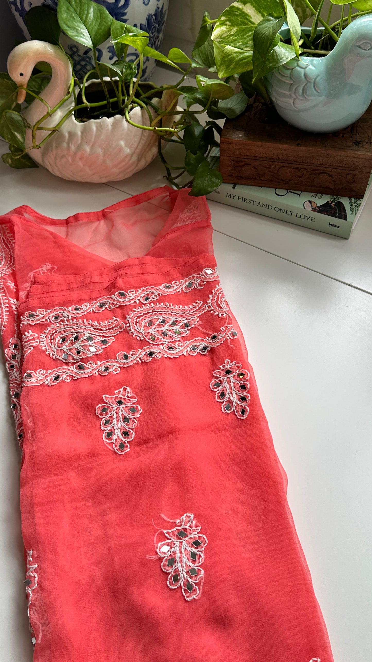 Coral Pink - Georgette Mirror Kurta