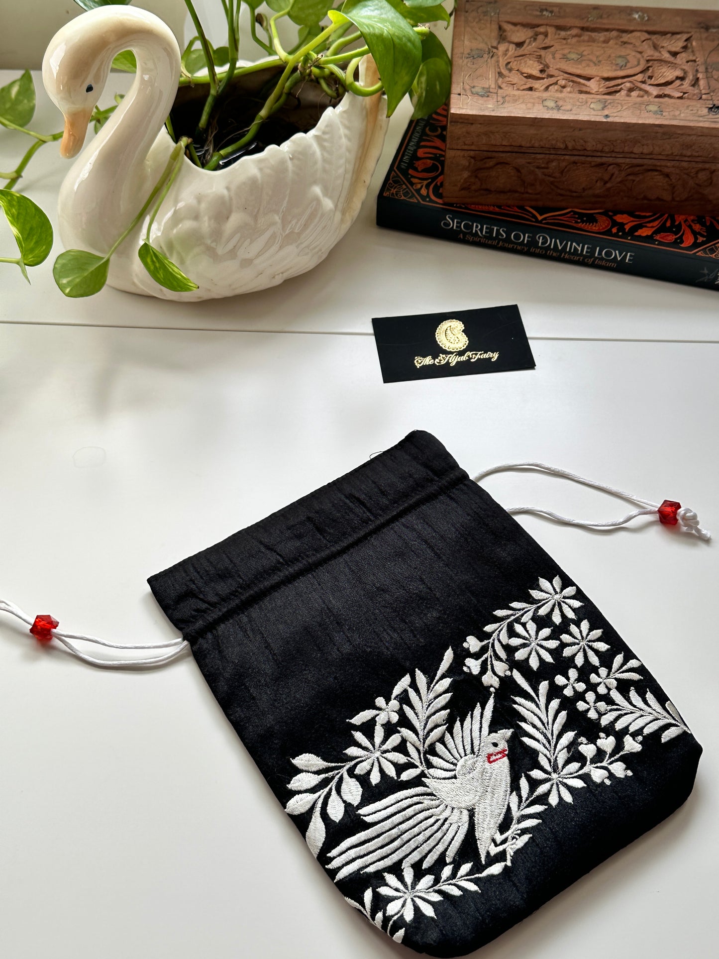 Parsi Gara Embroidered Potli Bag - Black & White