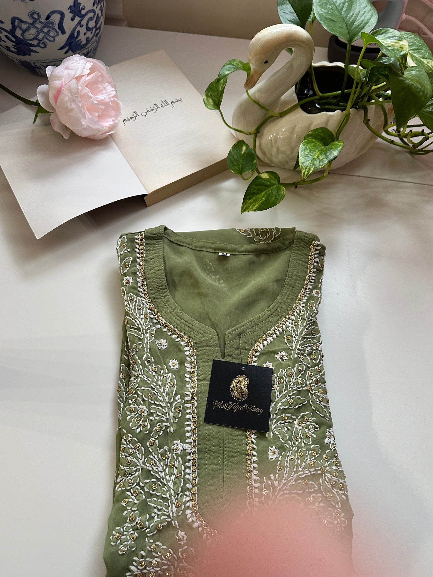 Olive Green - Georgette Stone Kurta