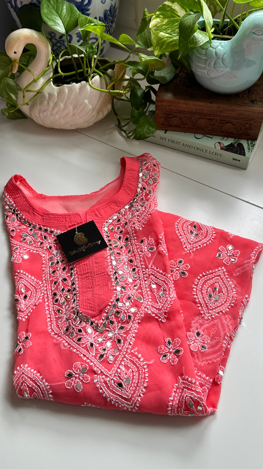 Coral Pink - Georgette Mirror Kurta