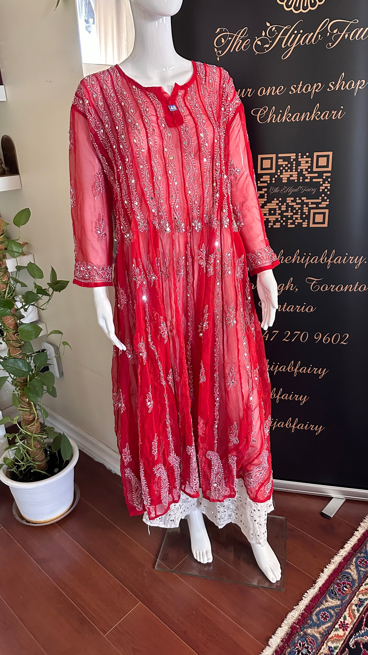 Red - 56 Kali Georgette Mirror Anarkali