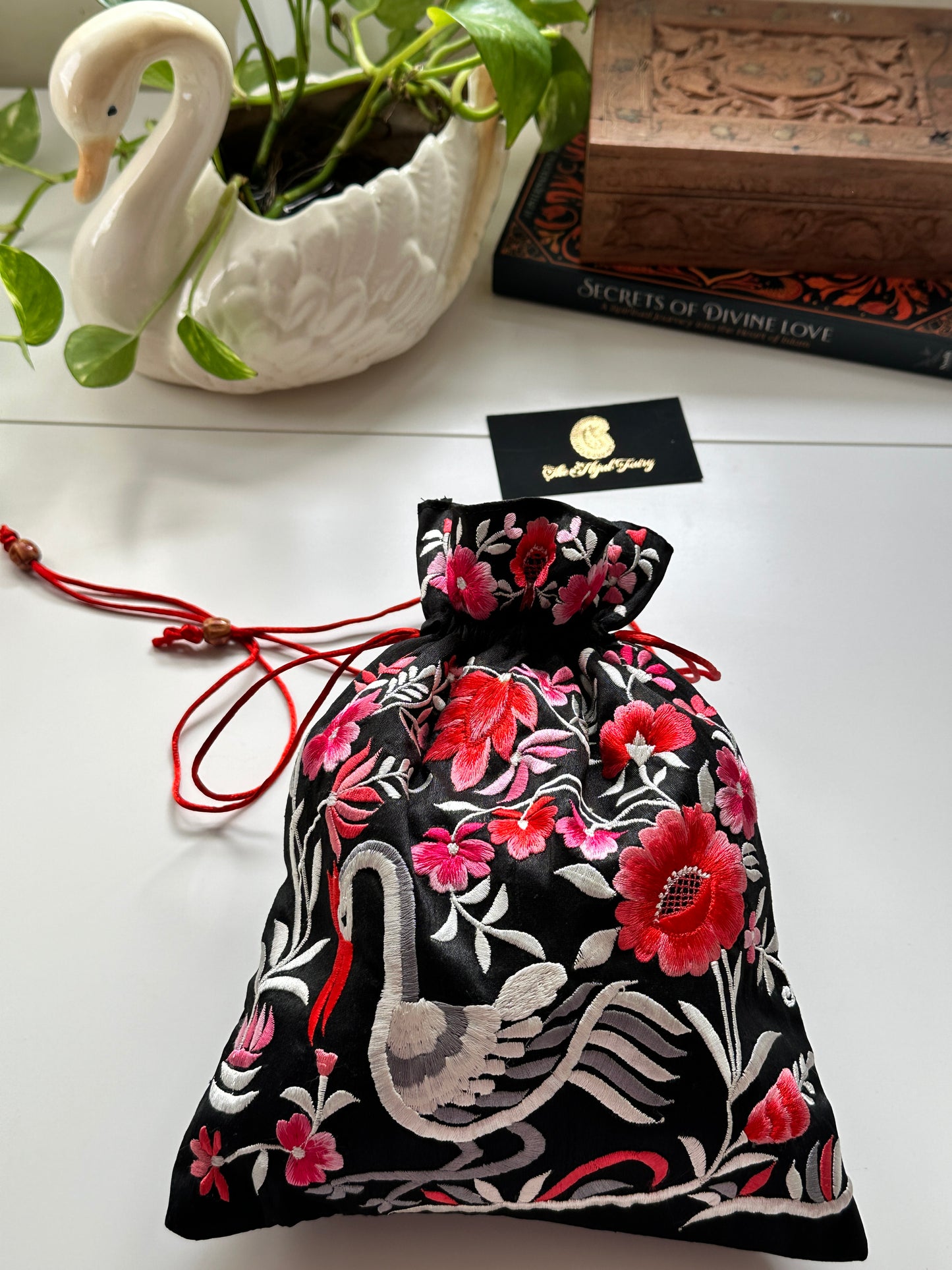Parsi Gara Embroidered Potli Bag - Black & Pink