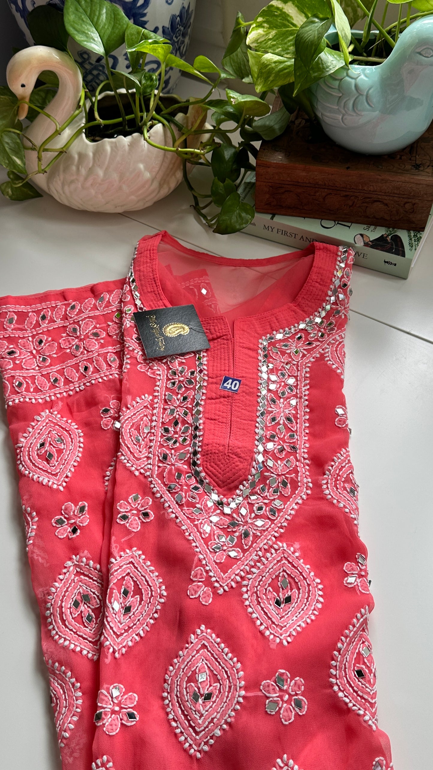 Salmon Pink- Georgette Mirror Kurta