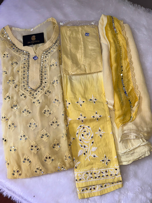 Chikankari Mirrorwork Suit Georgette - 4 pc - Yellow Ombre