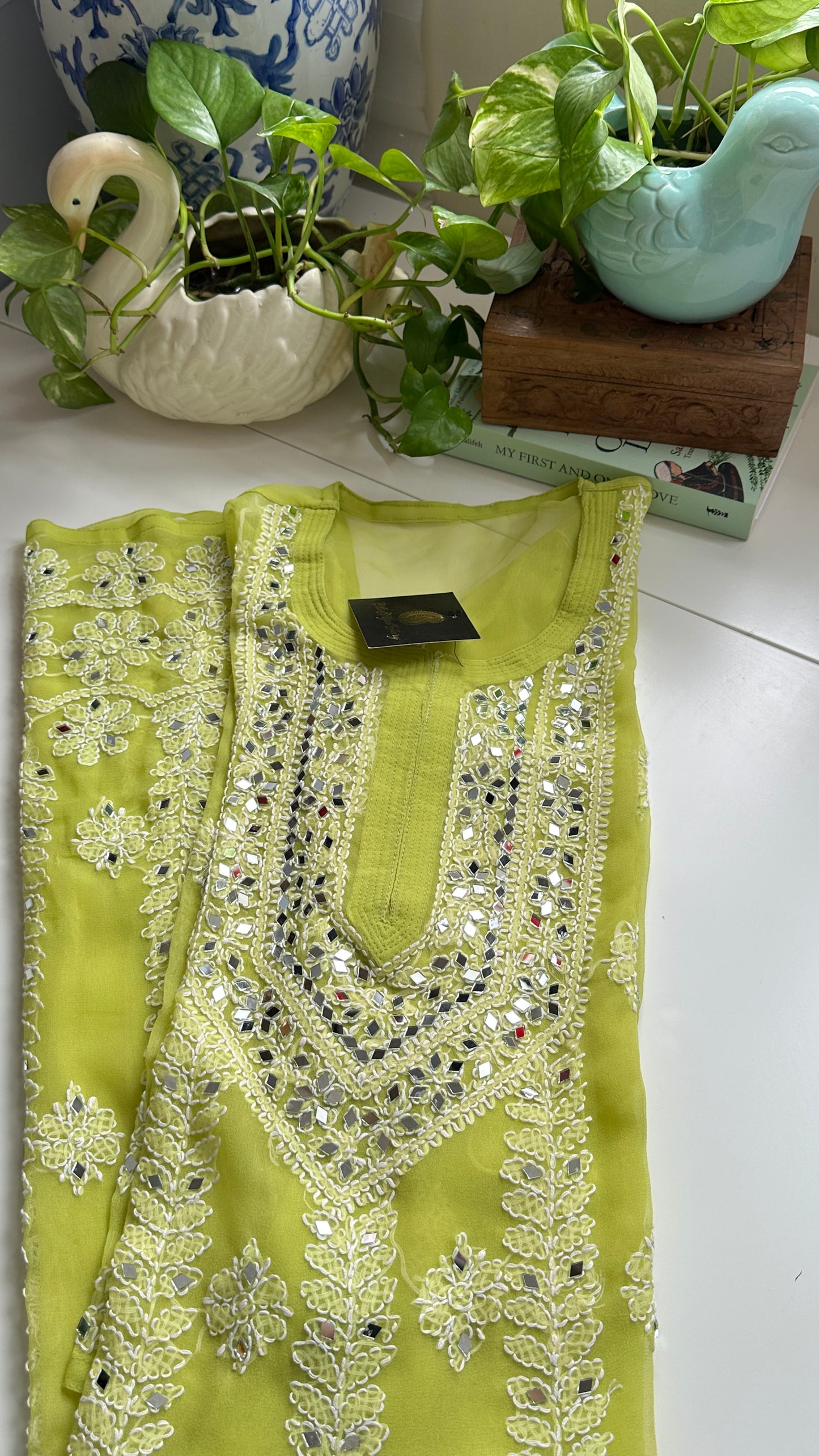 Parrot Green - Georgette Mirror Kurta