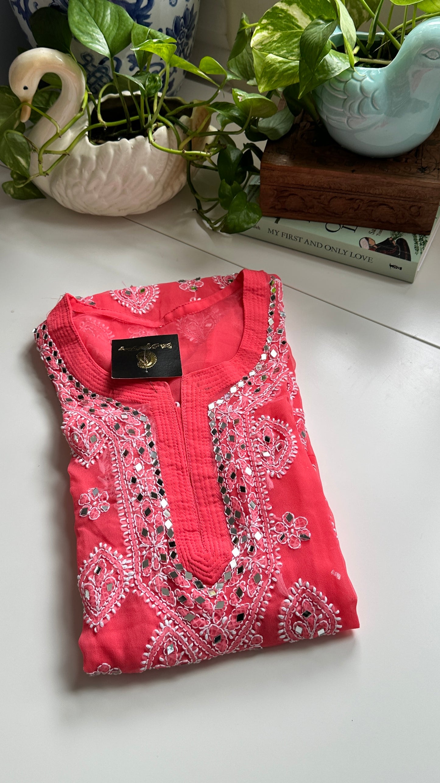 Coral Pink - Georgette Mirror Kurta