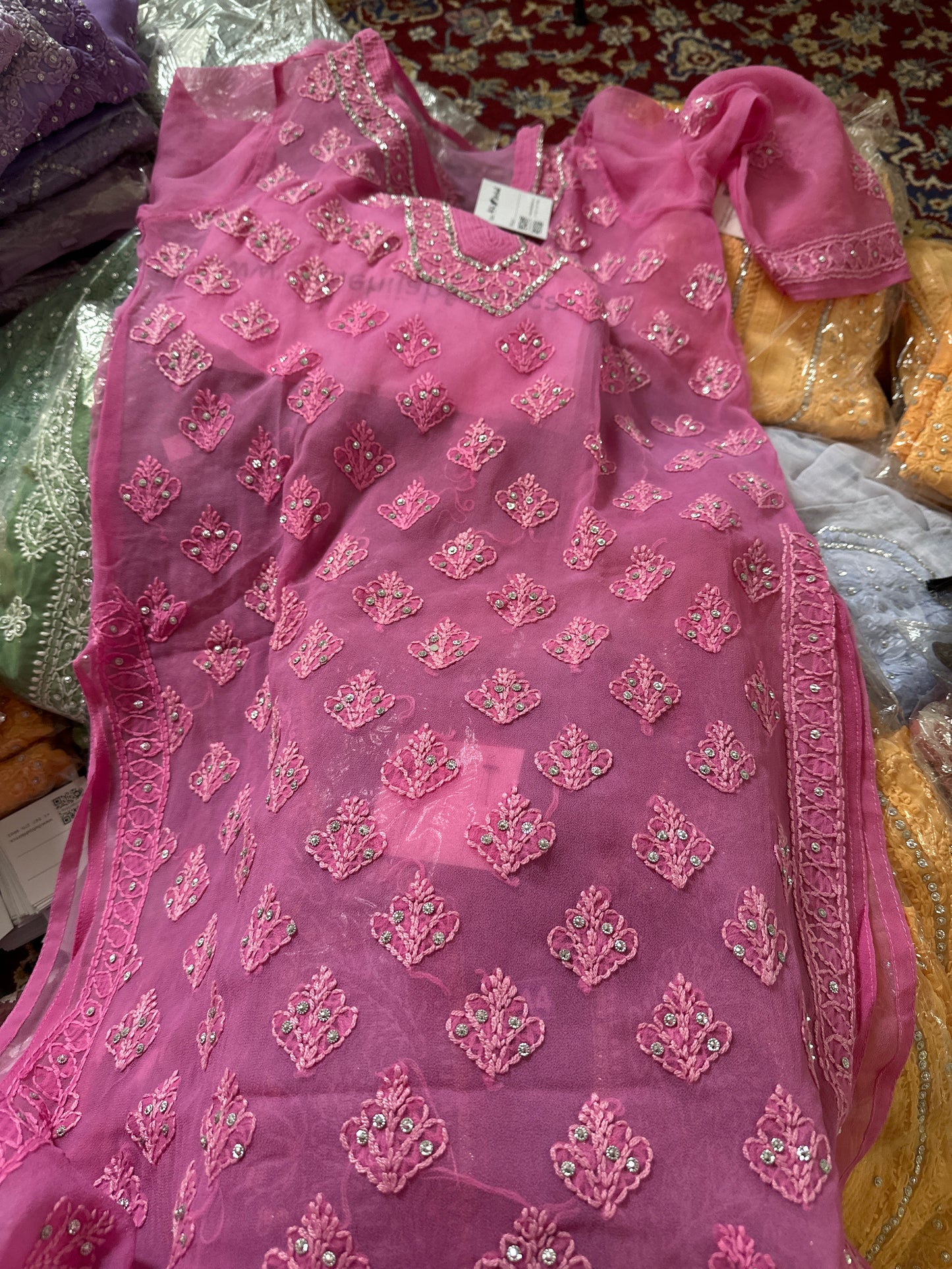 Georgette Stone Kurta- Orchid Pink