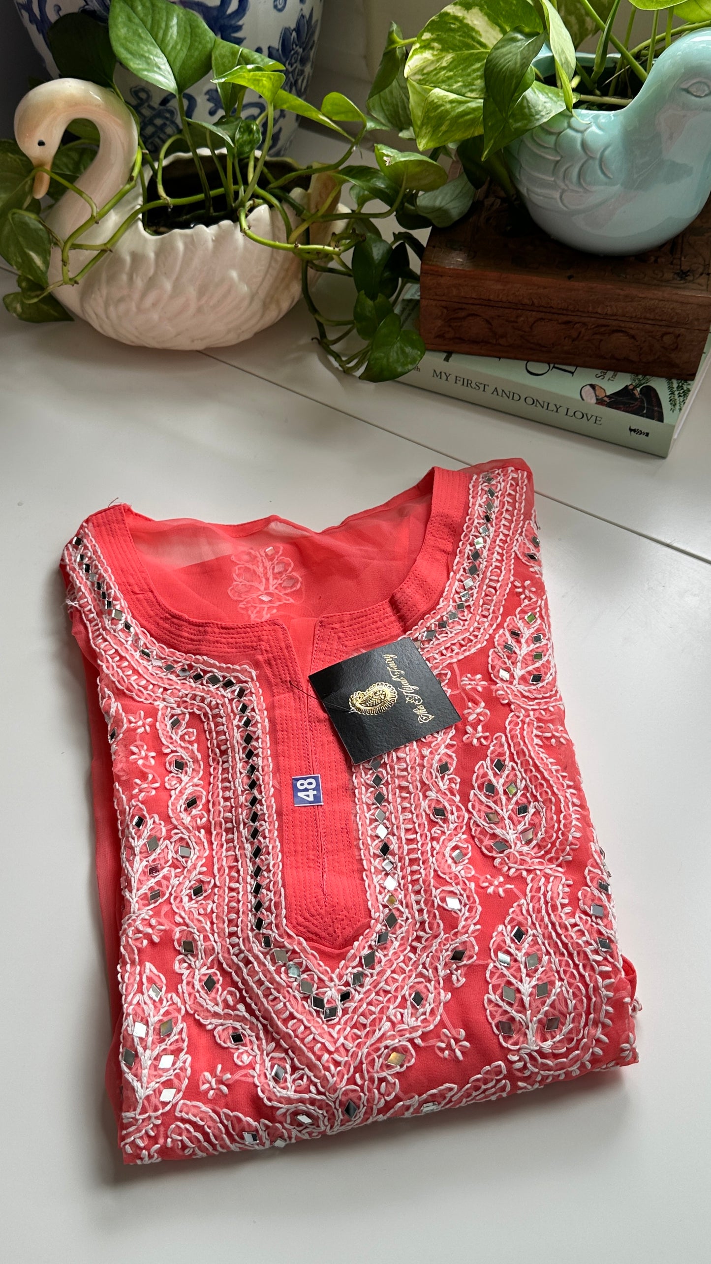 Coral Pink - Georgette Mirror Kurta