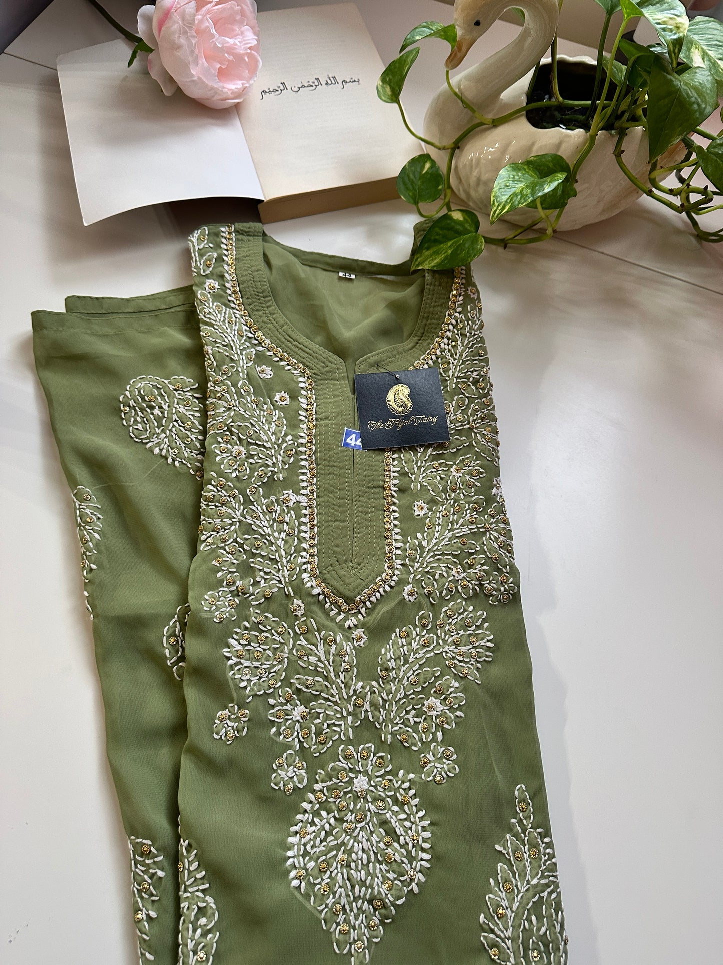 Olive Green - Georgette Stone Kurta