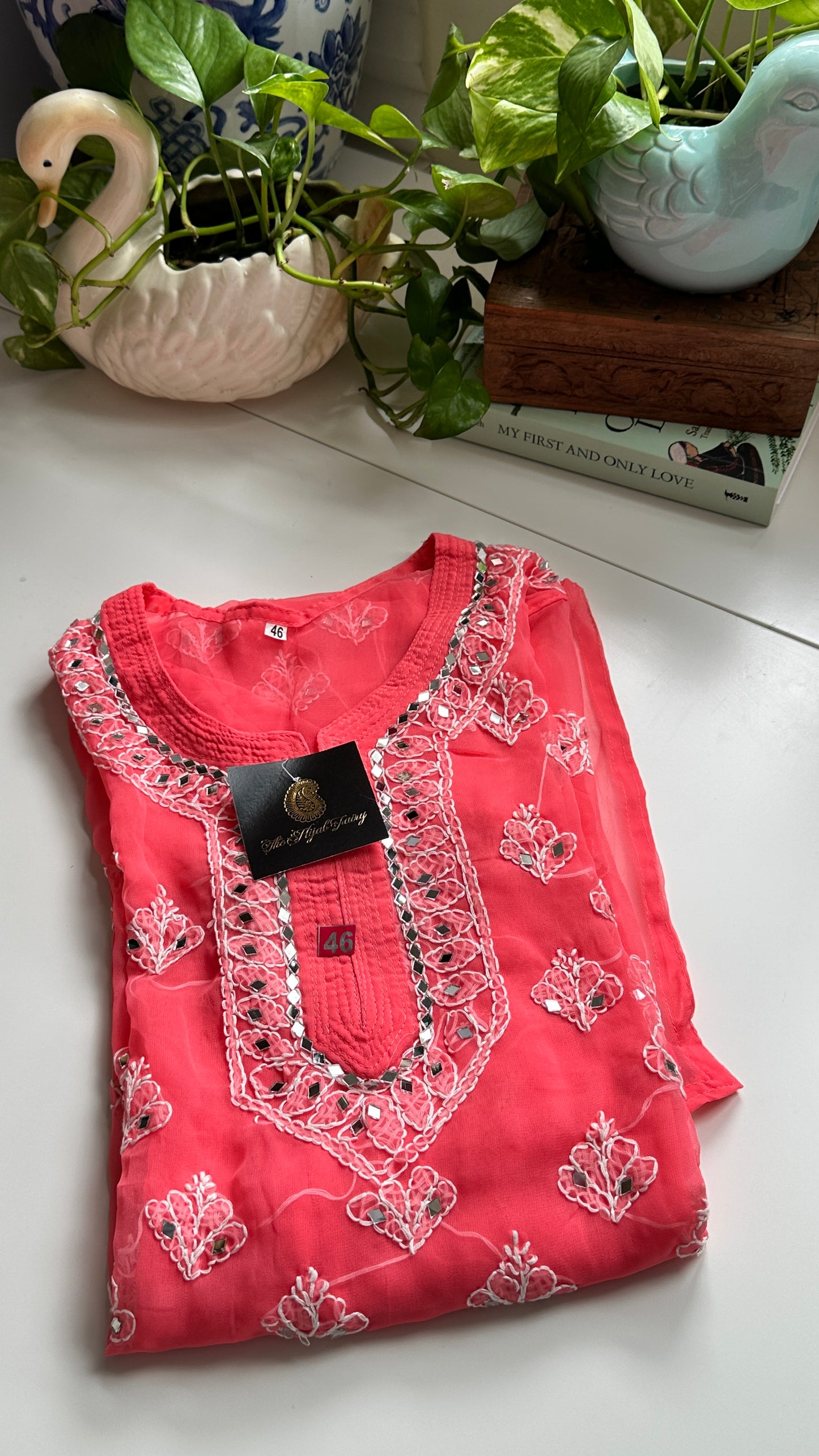 Coral Pink - Georgette Mirror Kurta