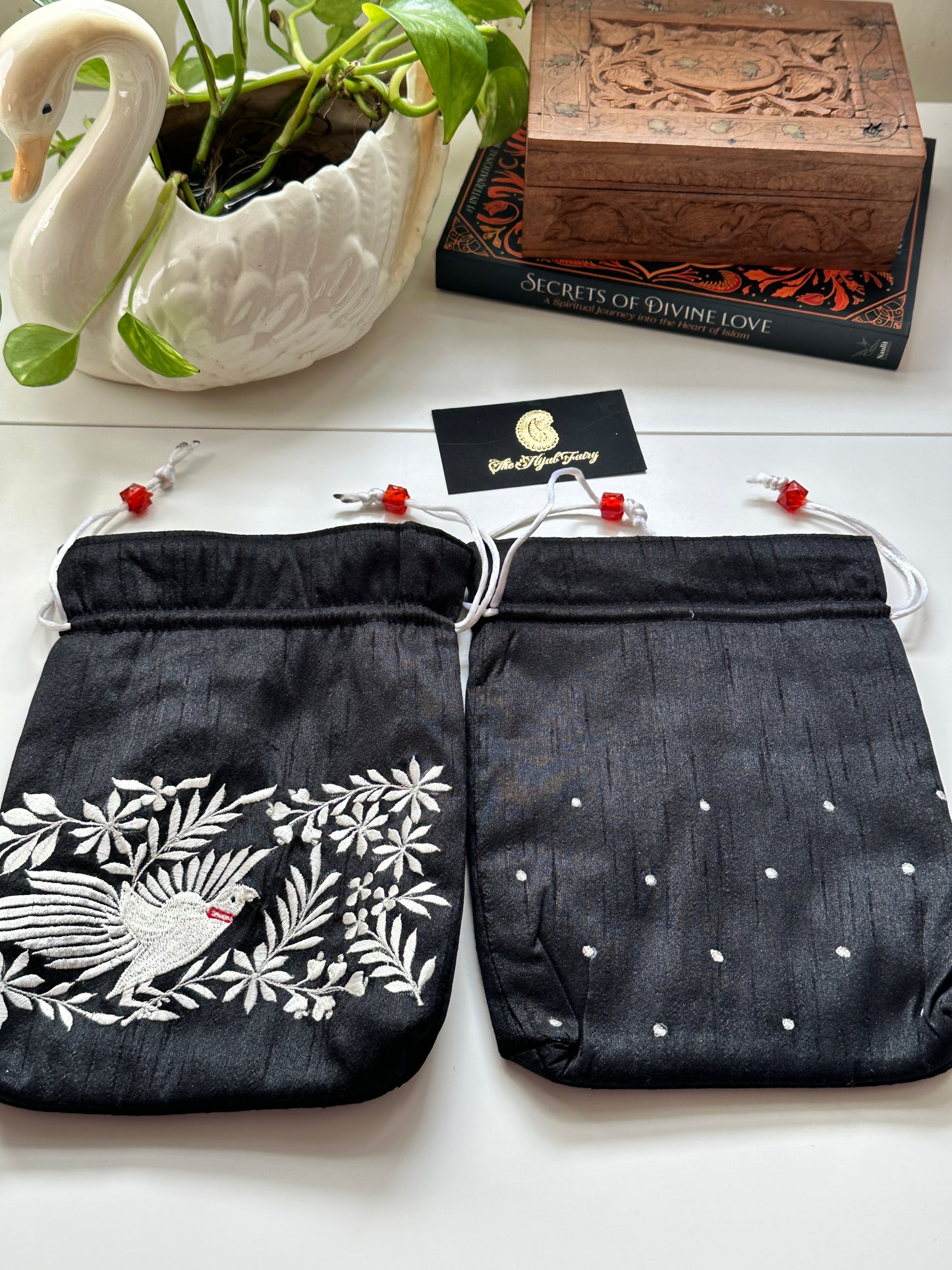 Parsi Gara Embroidered Potli Bag - Black & White