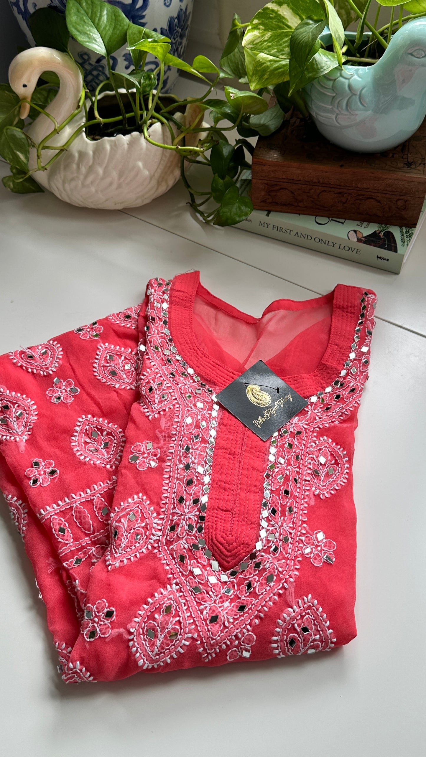 Coral Pink - Georgette Mirror Kurta