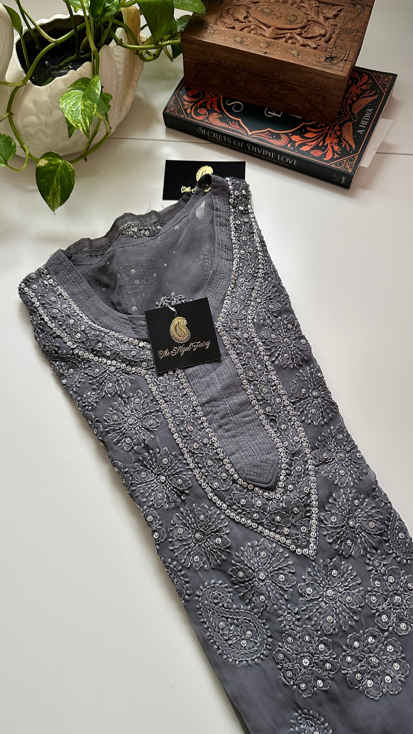 Georgette Stone Kurta- Dark Grey