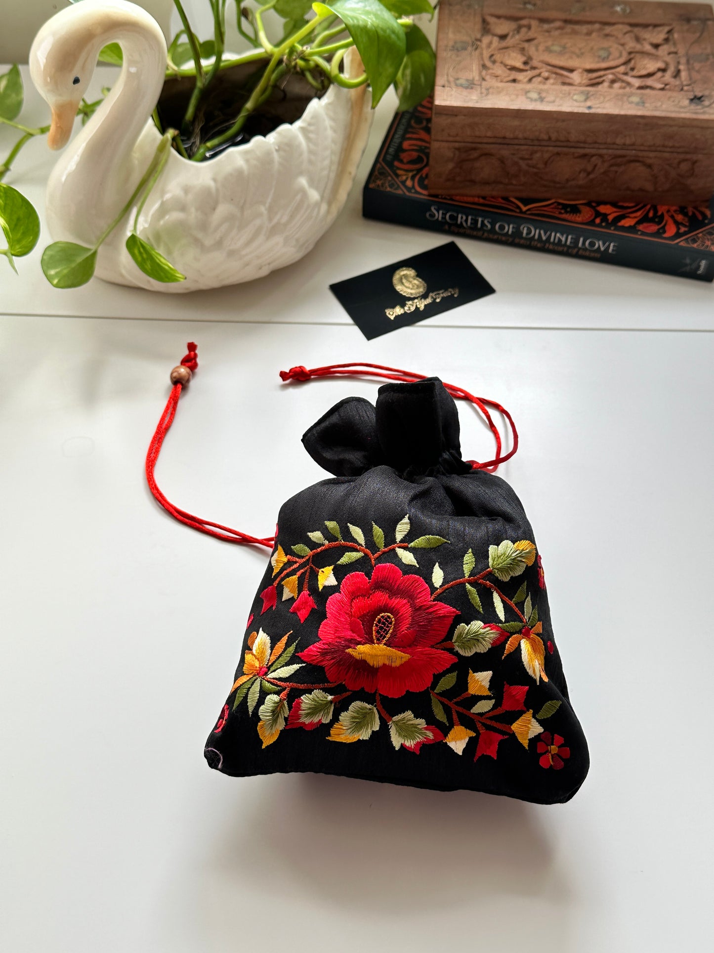 Parsi Gara Embroidered Potli Bag - Black & Red