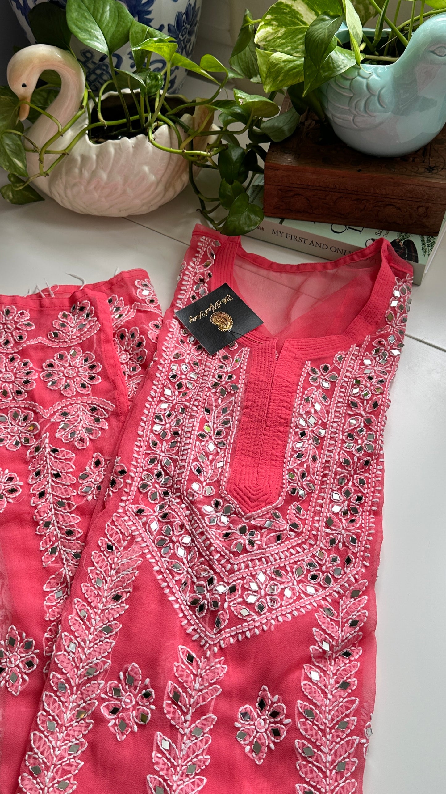 Salmon Pink- Georgette Mirror Kurta