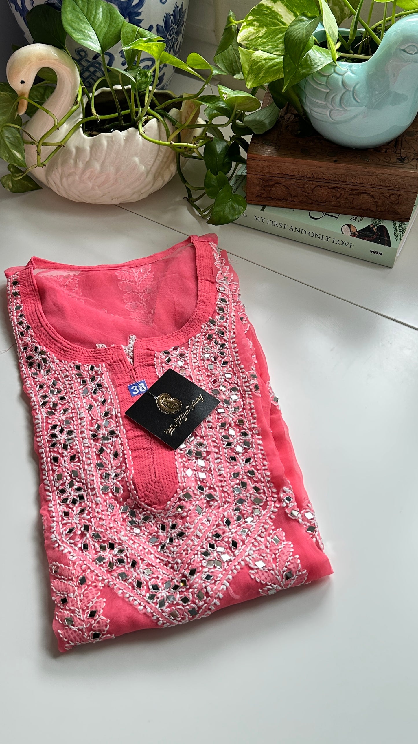 Salmon Pink- Georgette Mirror Kurta