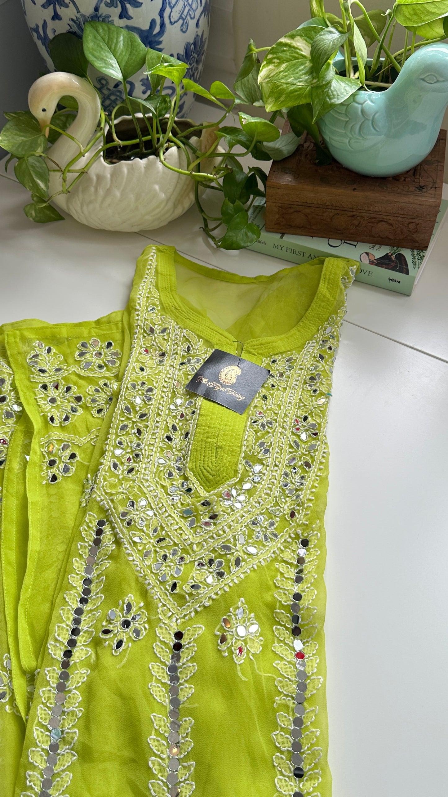 Parrot Green - Georgette Mirror Kurta