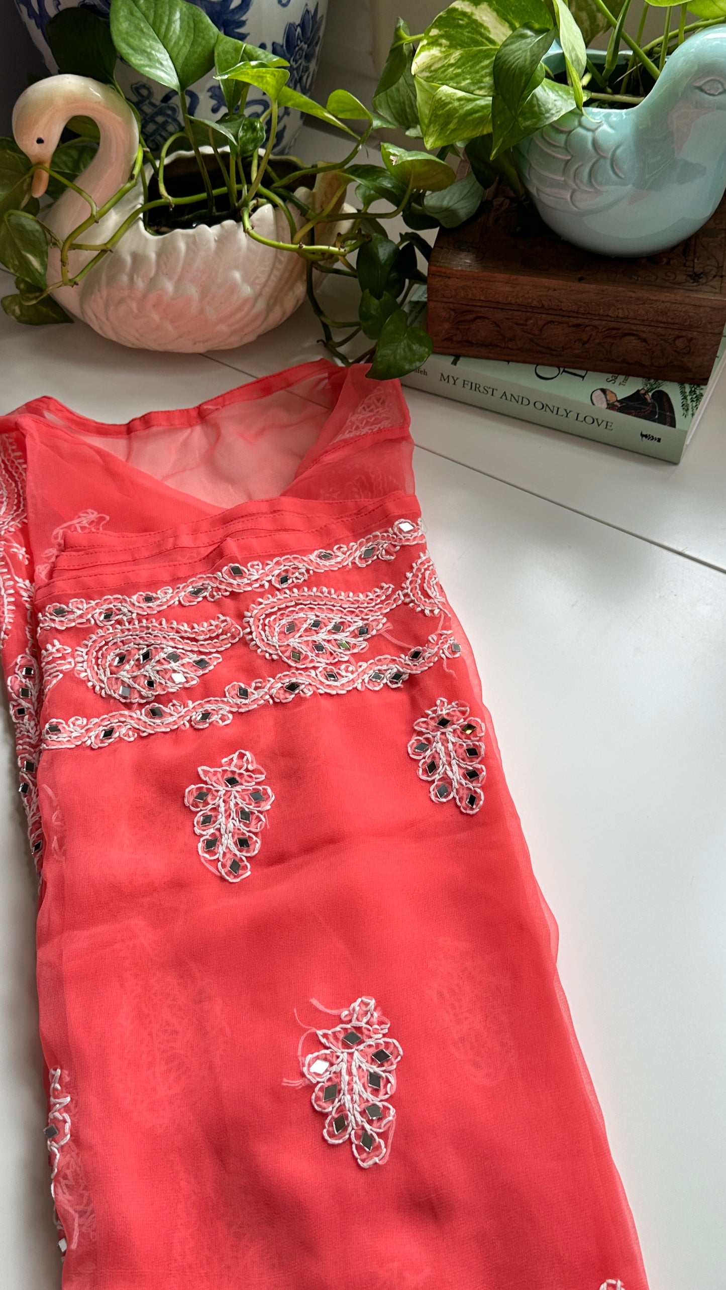 Coral Pink - Georgette Mirror Kurta