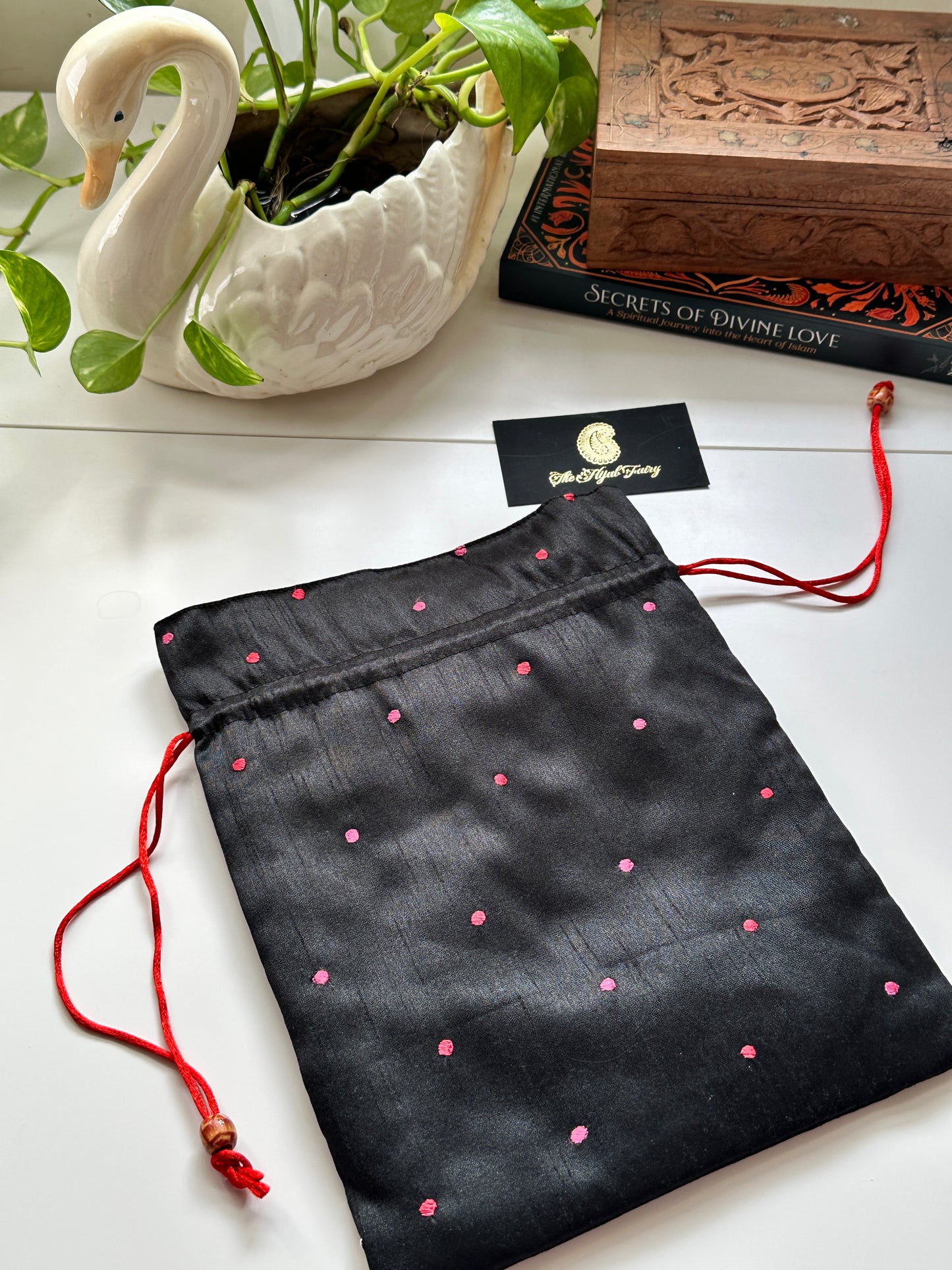 Parsi Gara Embroidered Potli Bag - Black & Pink