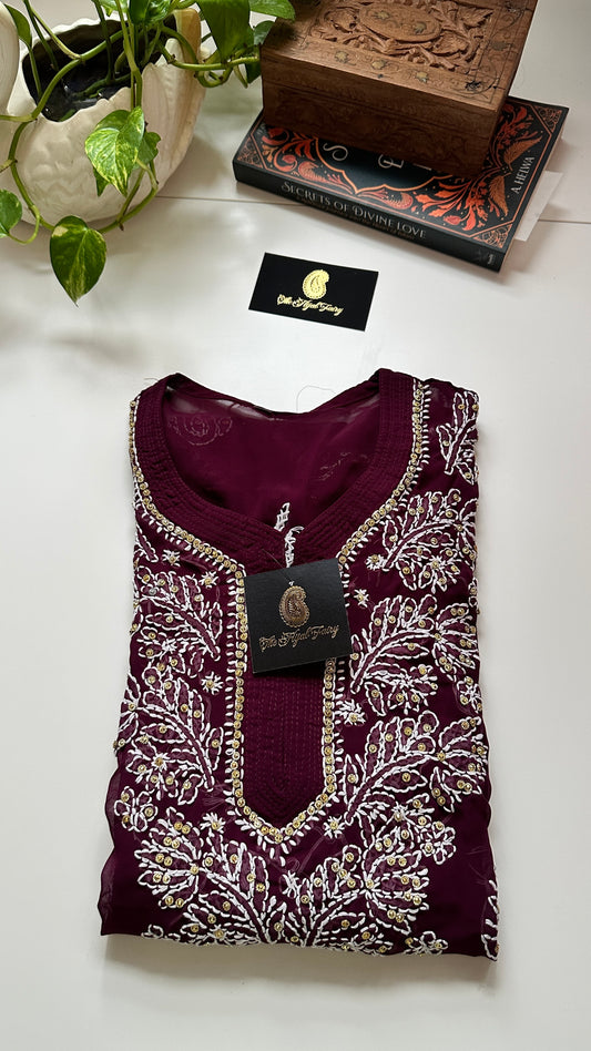 Georgette Stone Kurta- Wine