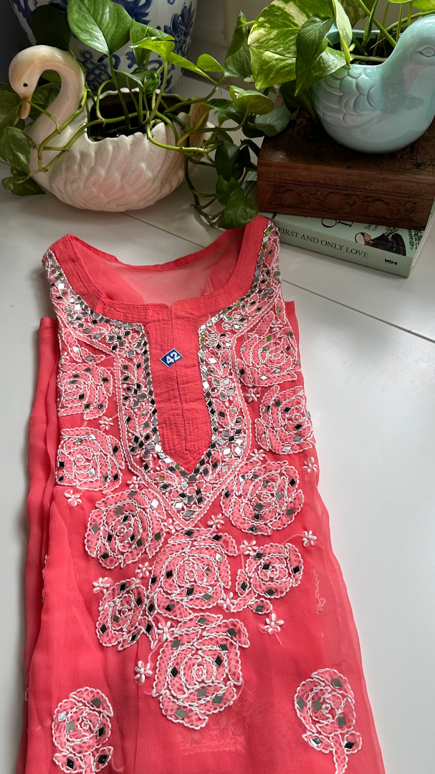 Coral Pink - Georgette Mirror Kurta