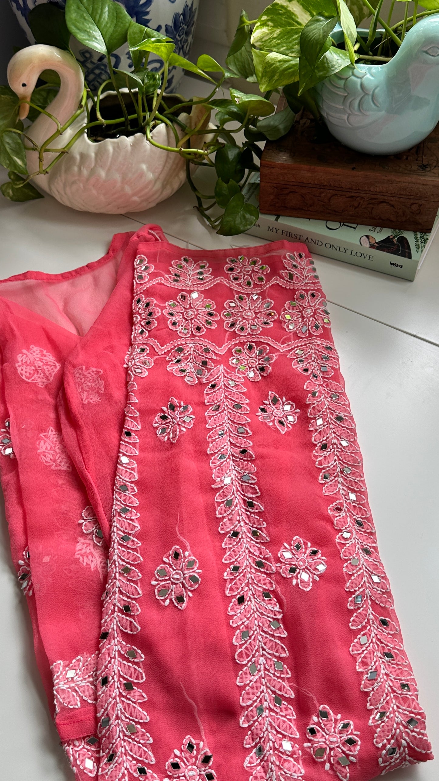 Salmon Pink- Georgette Mirror Kurta