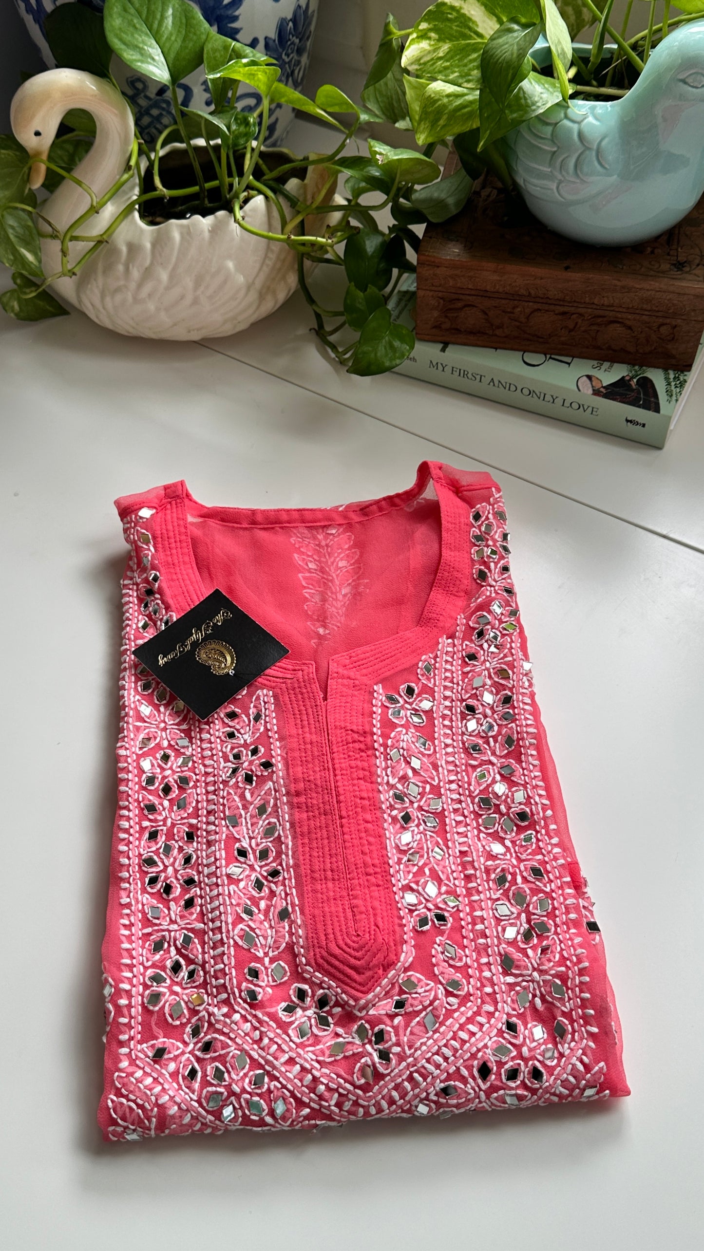 Salmon Pink- Georgette Mirror Kurta