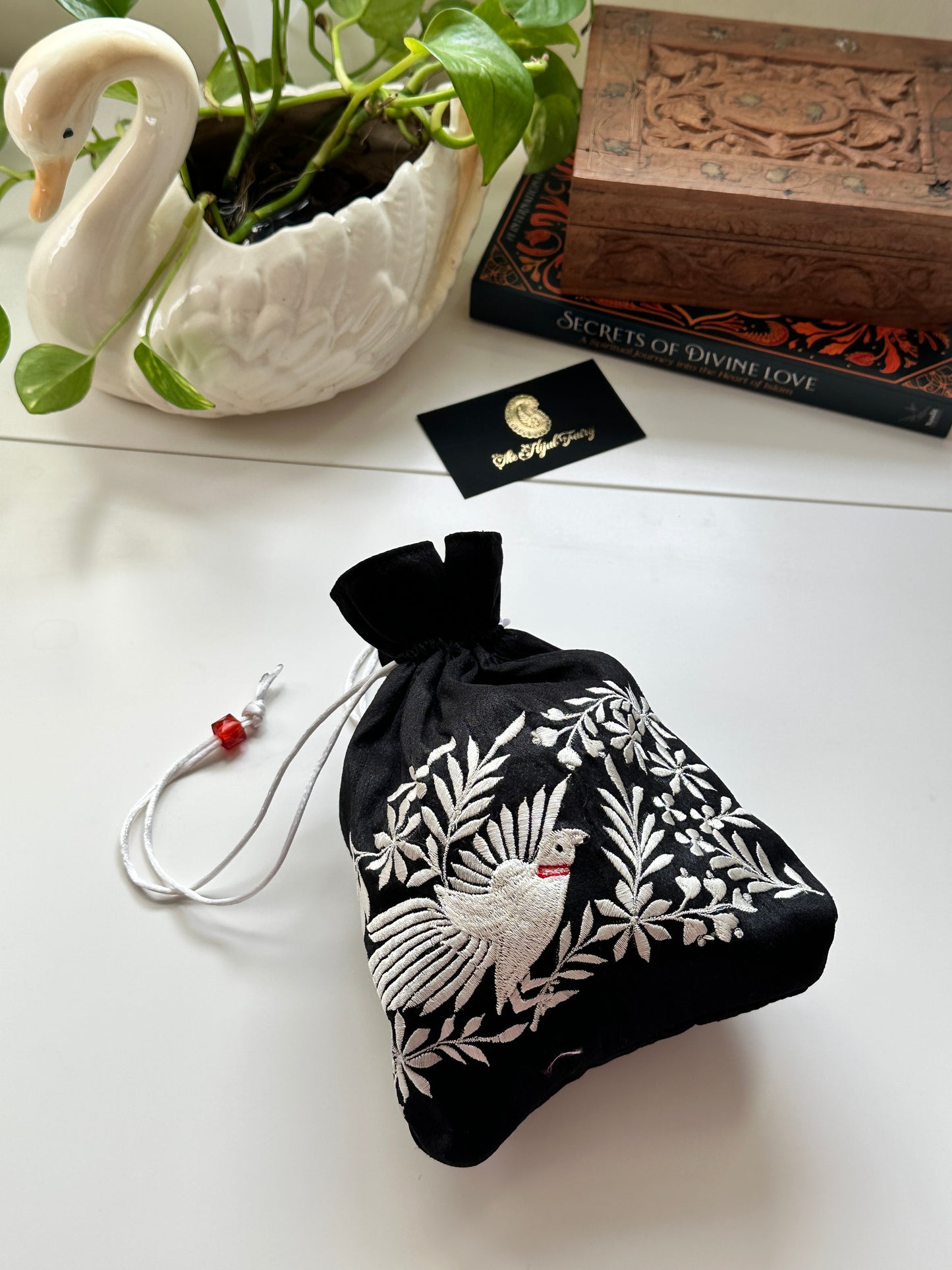 Parsi Gara Embroidered Potli Bag - Black & White