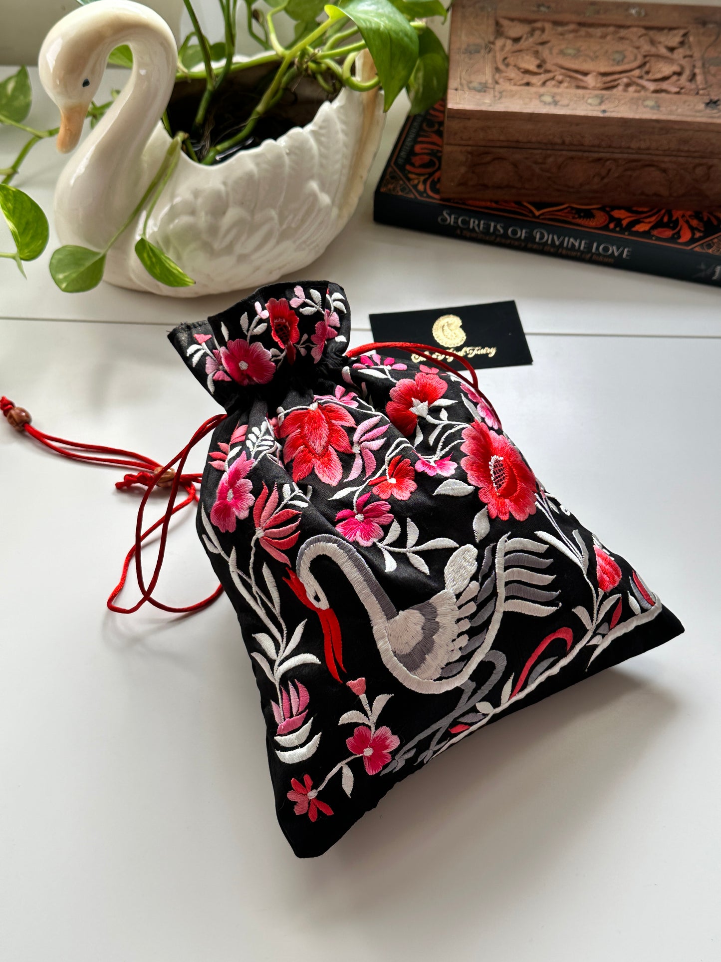 Parsi Gara Embroidered Potli Bag - Black & Pink