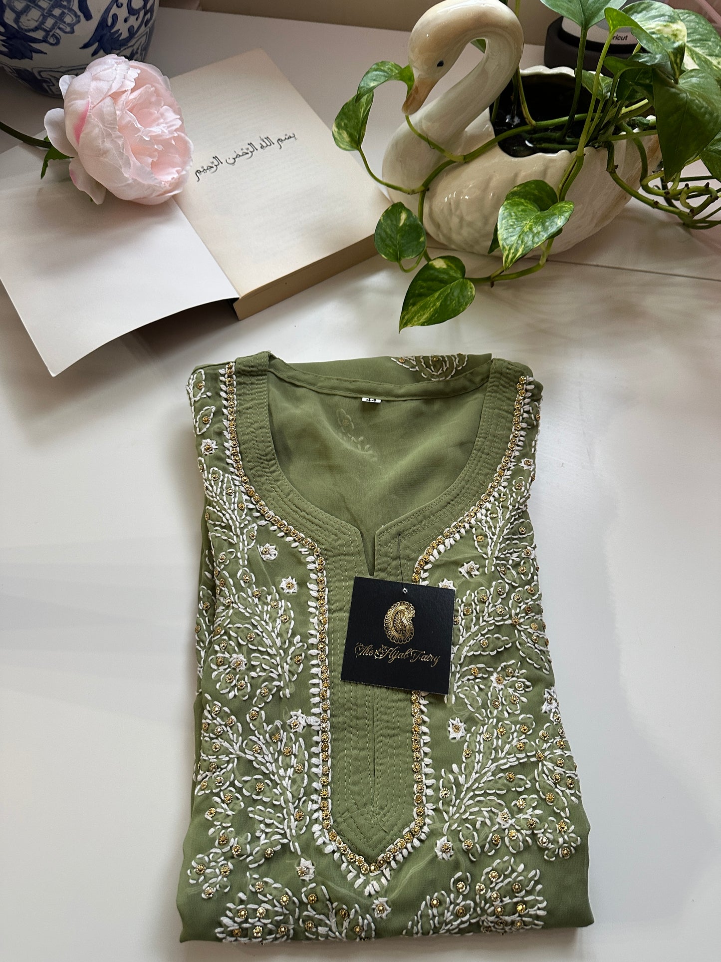 Olive Green - Georgette Stone Kurta