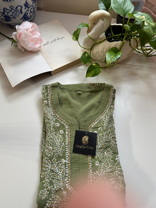 Olive Green - Georgette Stone Kurta