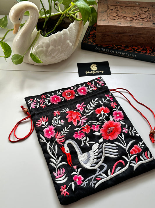 Parsi Gara Embroidered Potli Bag - Black & Pink