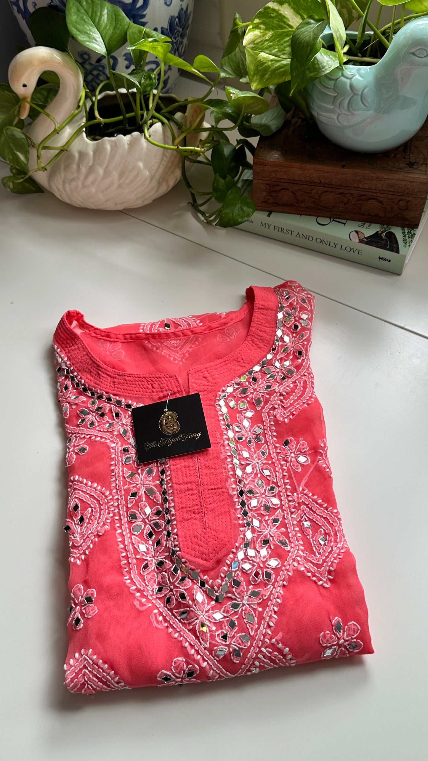 Coral Pink - Georgette Mirror Kurta