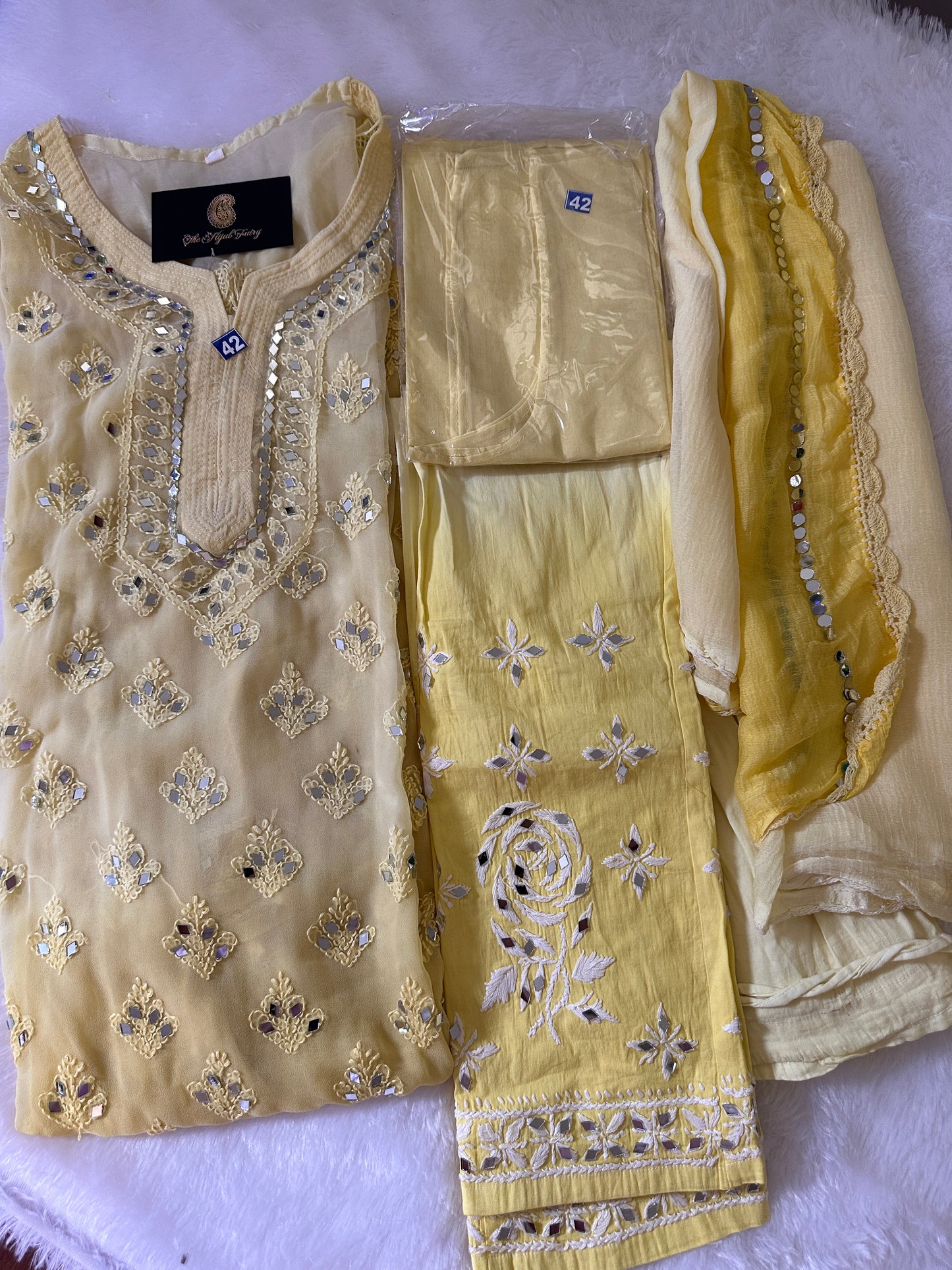 Chikankari Mirrorwork Suit Georgette - 4 pc - Yellow Ombre