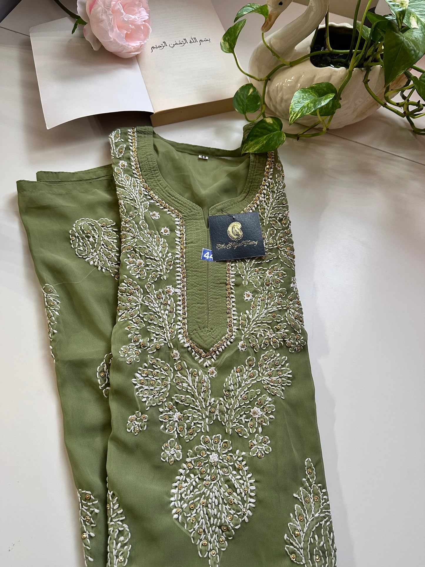 Olive Green - Georgette Stone Kurta