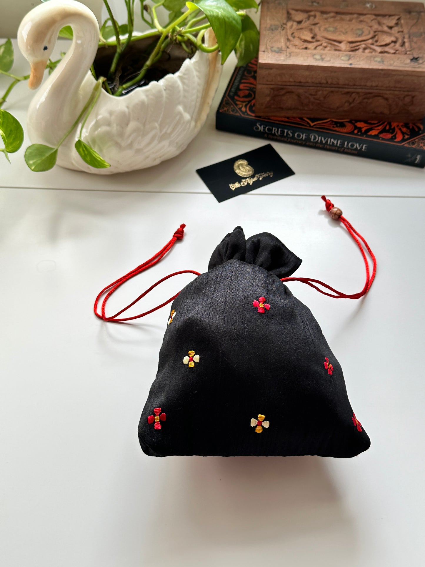 Parsi Gara Embroidered Potli Bag - Black & Red