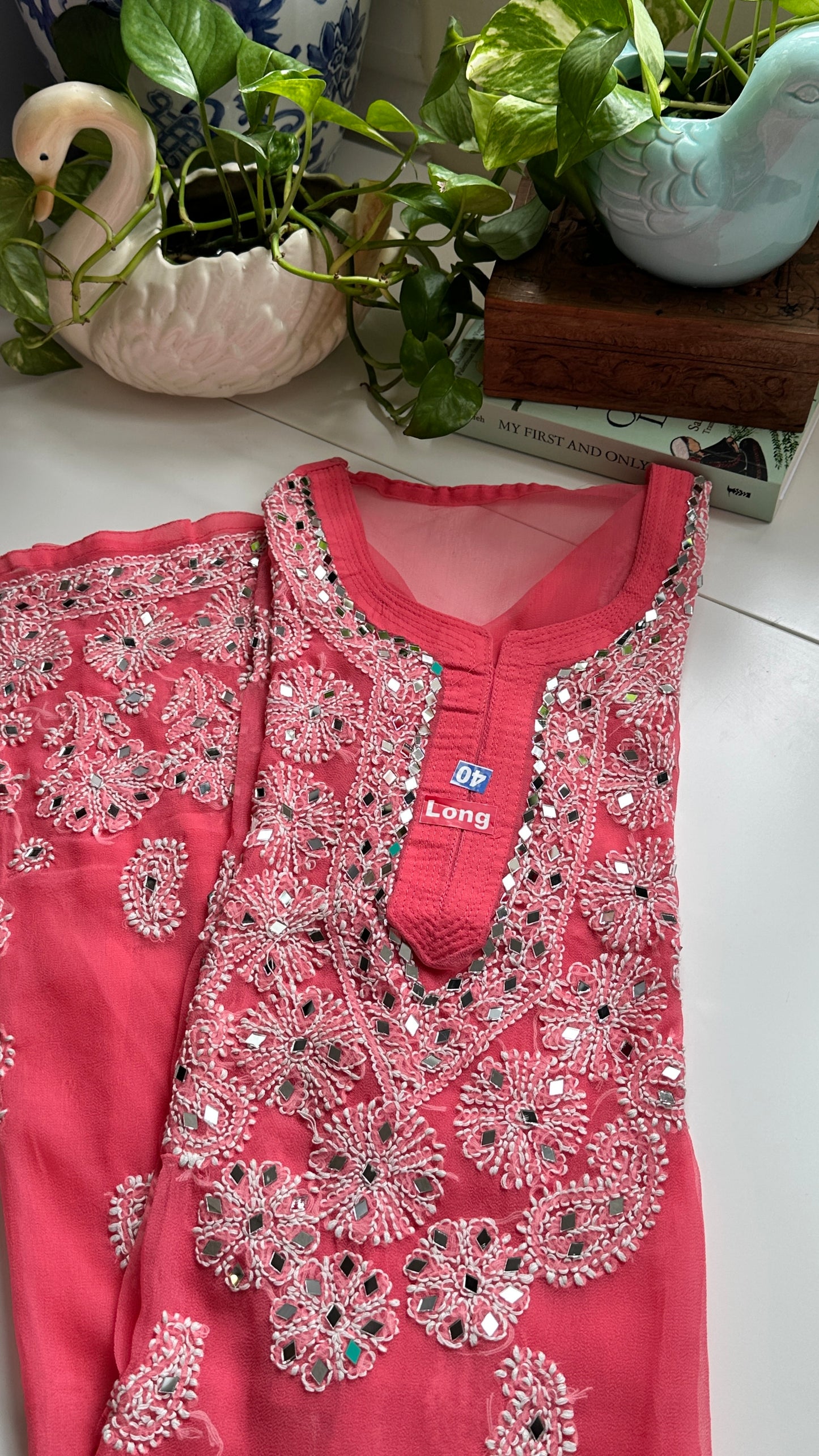 Salmon Pink- Georgette Mirror Kurta