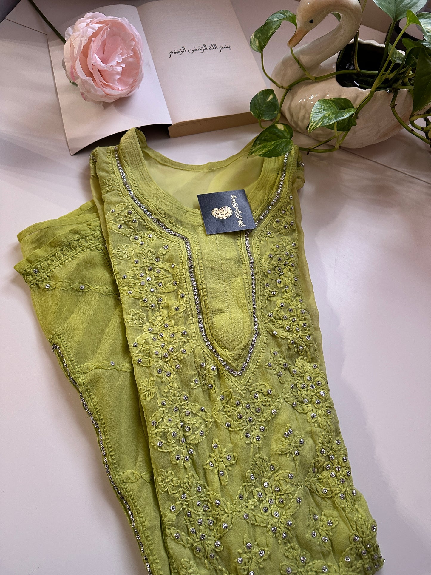 Lime Ombre - Georgette Stone Kurta