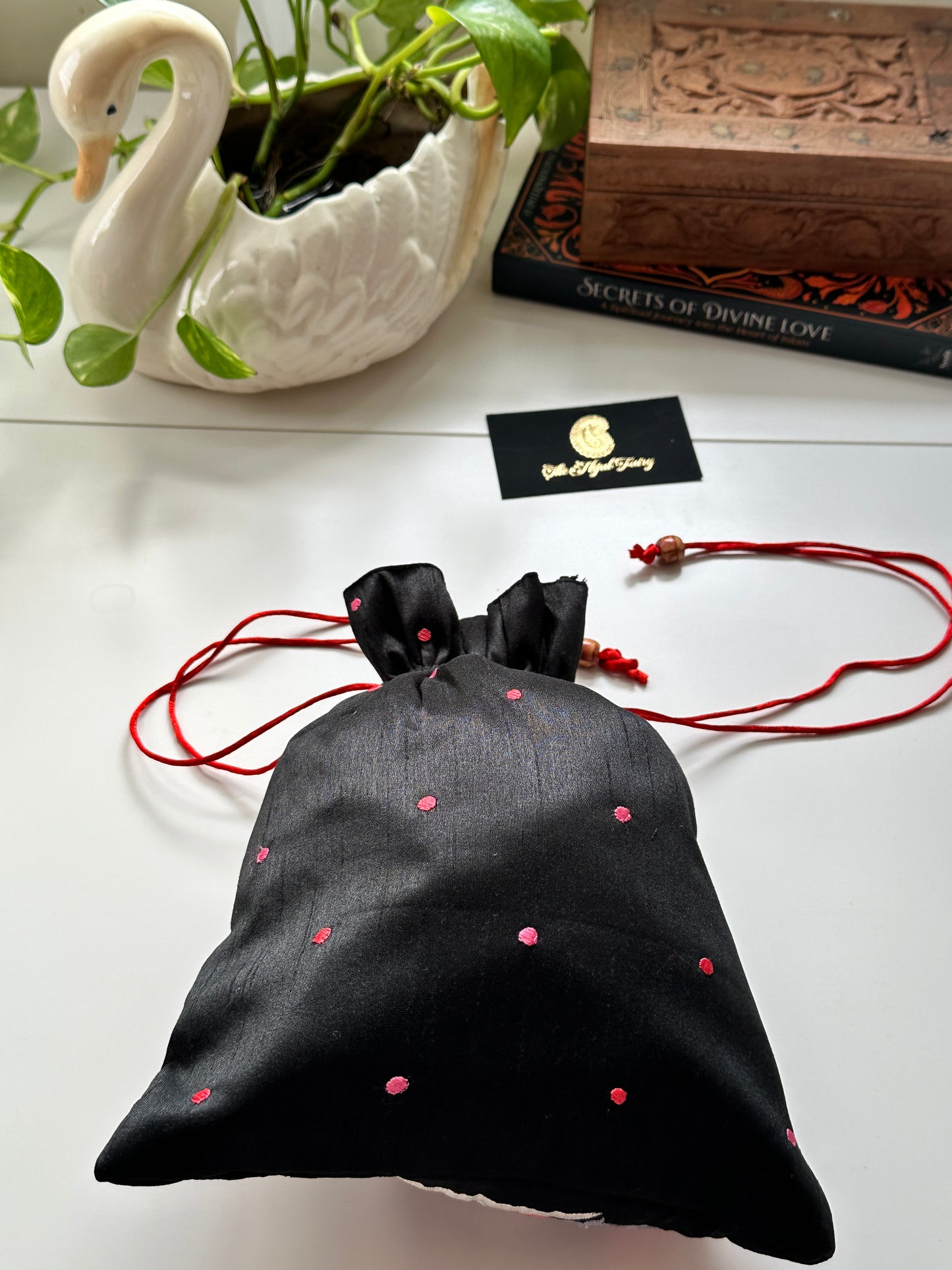 Parsi Gara Embroidered Potli Bag - Black & Pink