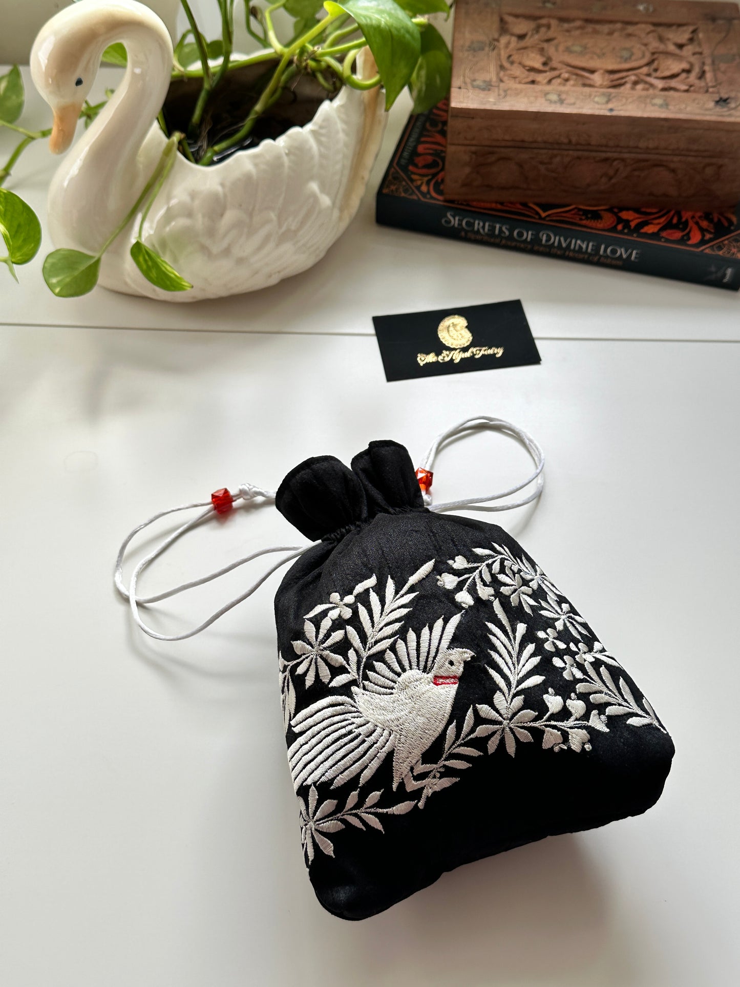 Parsi Gara Embroidered Potli Bag - Black & White