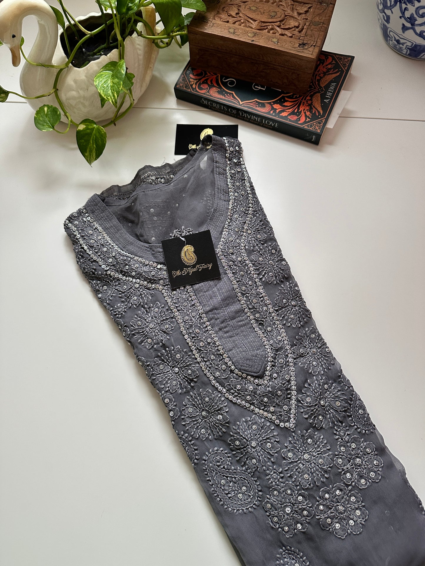 Georgette Stone Kurta- Dark Grey