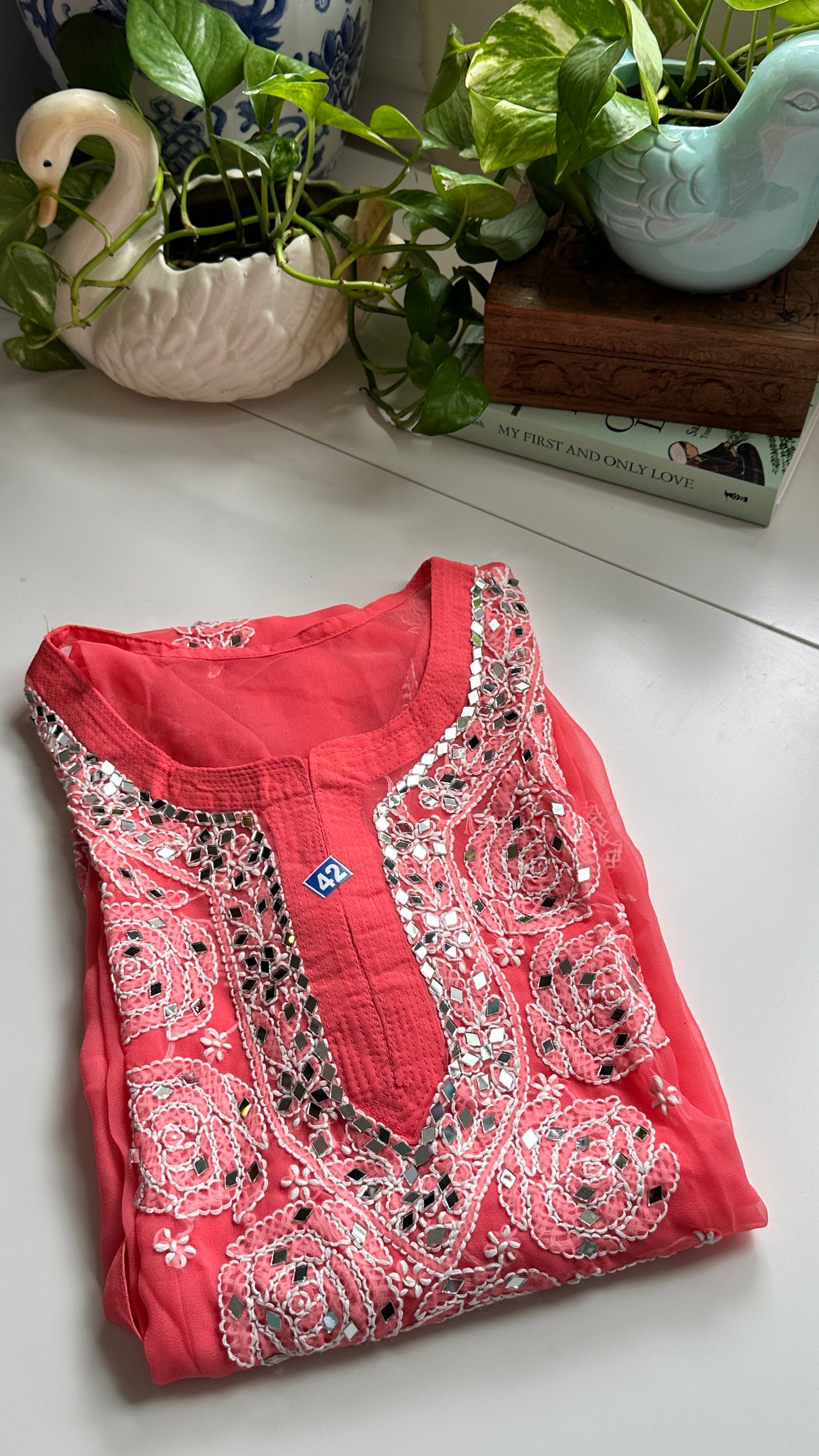 Coral Pink - Georgette Mirror Kurta
