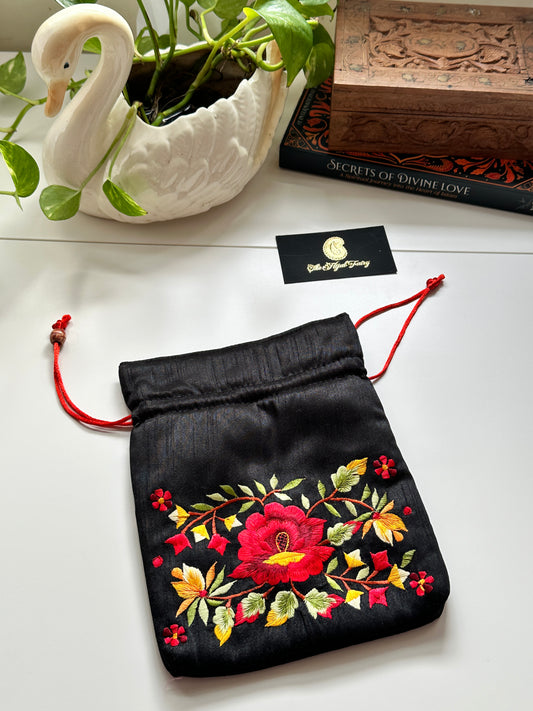 Parsi Gara Embroidered Potli Bag - Black & Red