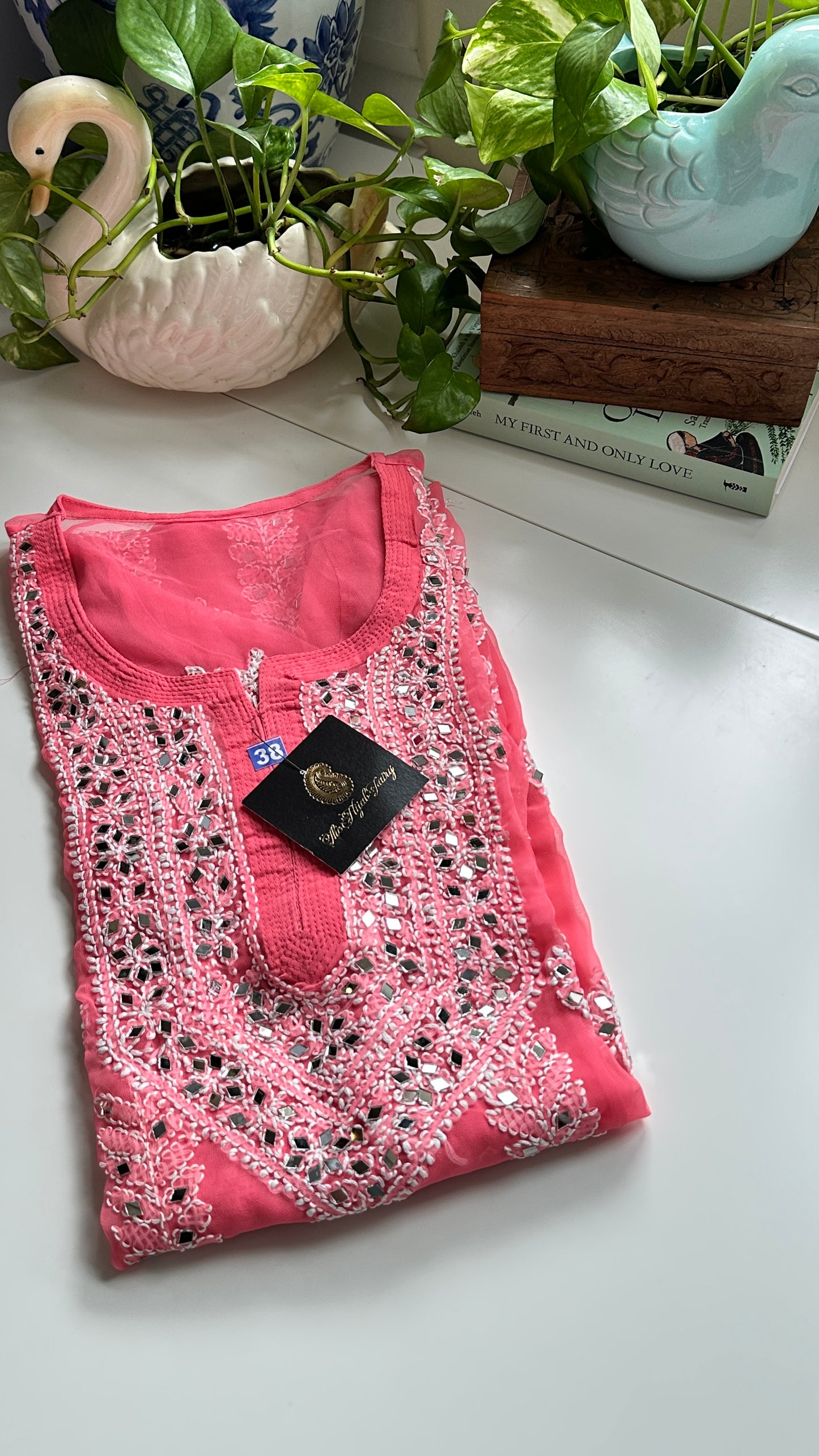 Salmon Pink- Georgette Mirror Kurta