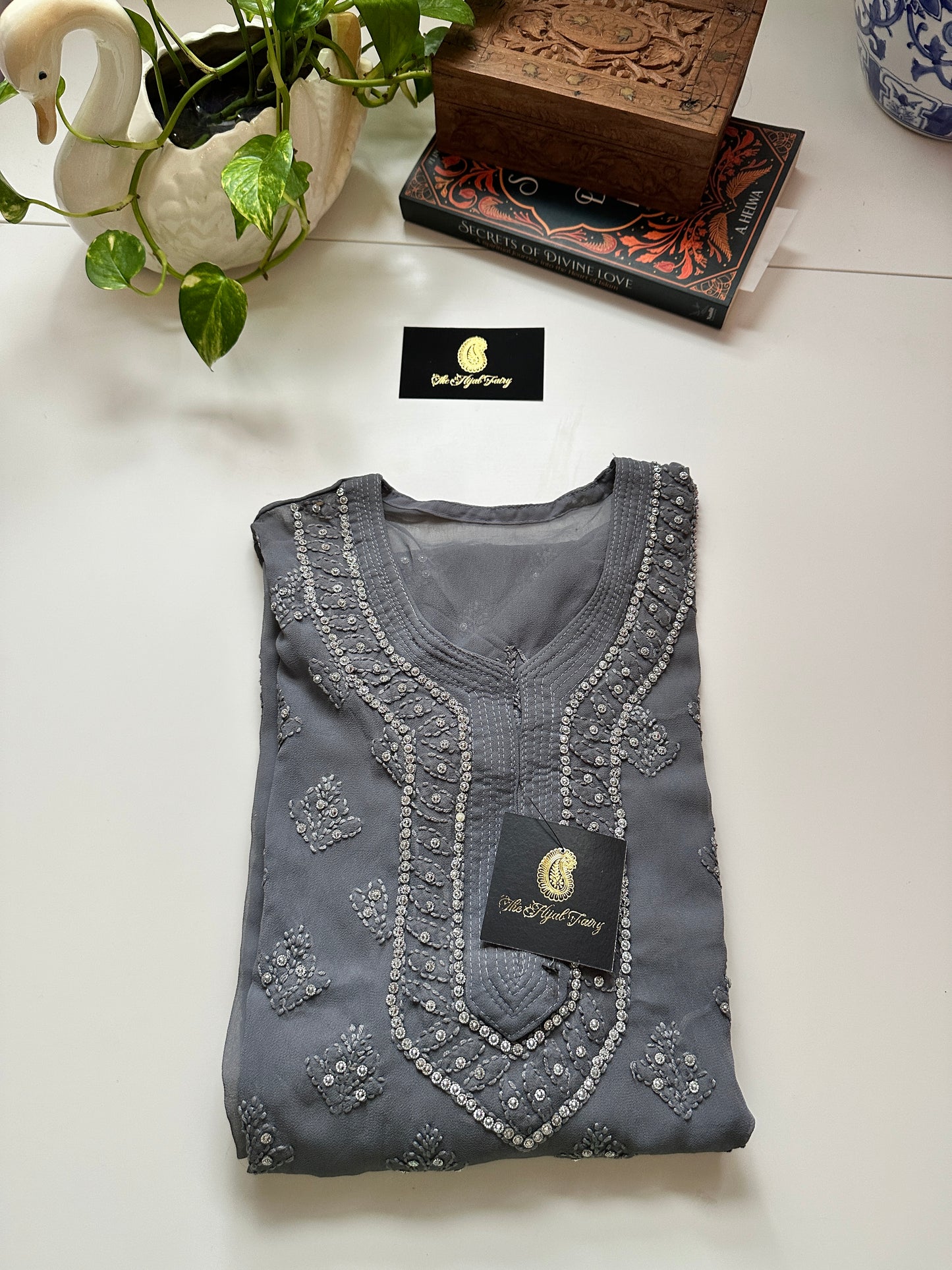 Georgette Stone Kurta- Dark Grey