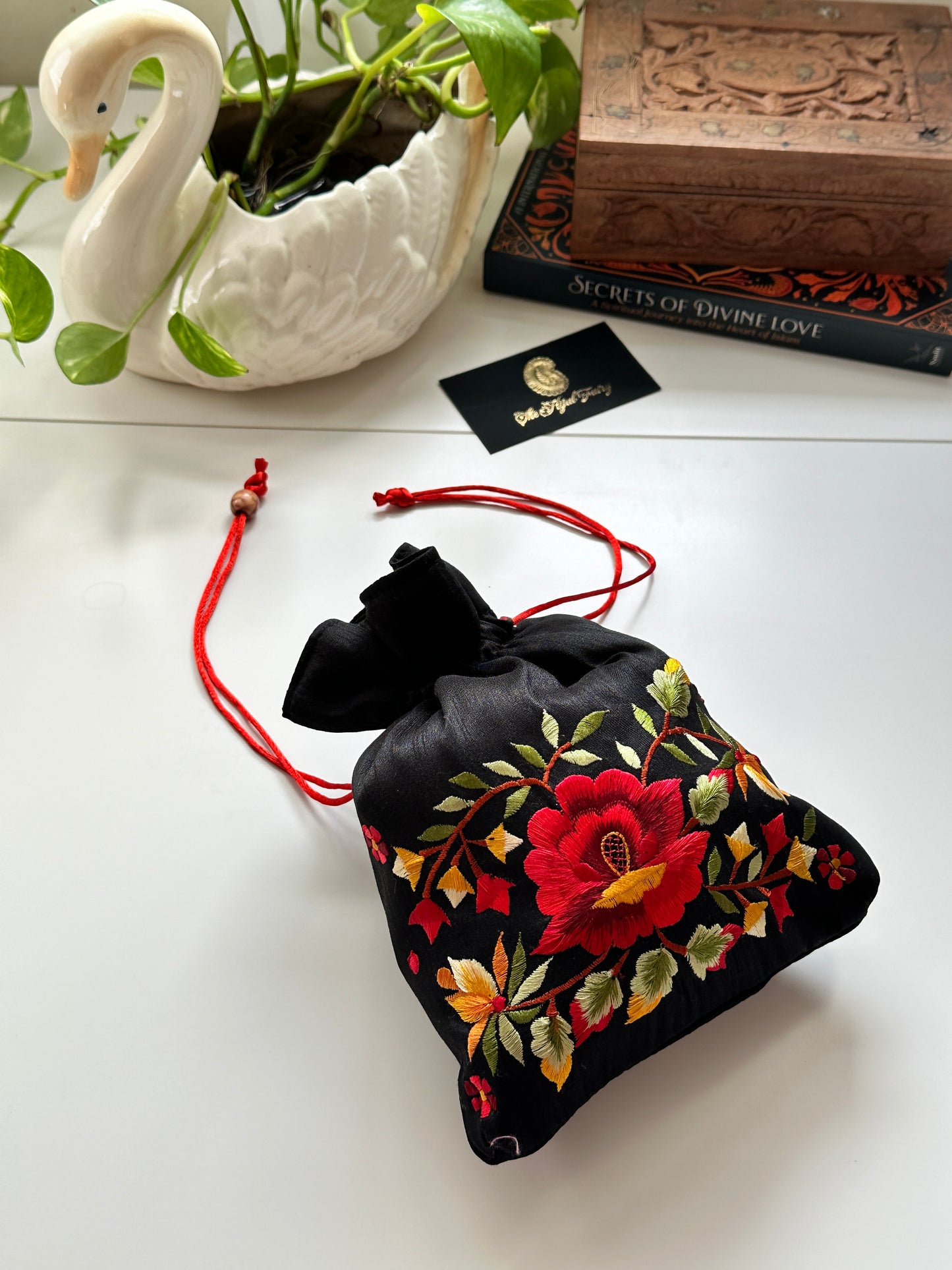 Parsi Gara Embroidered Potli Bag - Black & Red