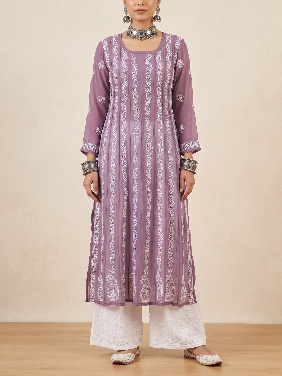 Dusty Lilac Chikankari Georgette Mirror Work Anarkali – The Hijab Fairy (1 of 4)